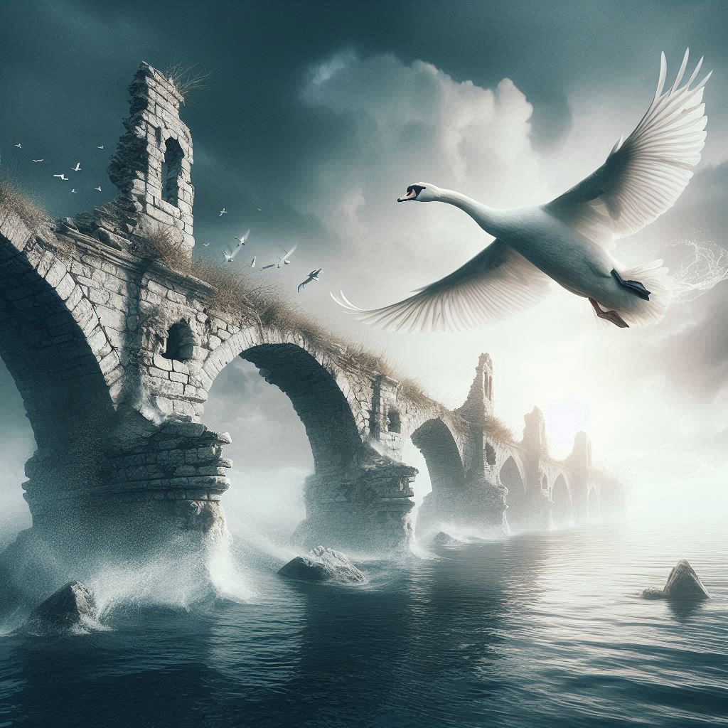 Swan flying over a crumbling bridge